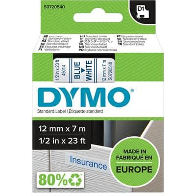 Dymo D1 S0720540 / 45014 Authentiek Labeltape Zelfklevend Blauw op wit 12 mm x 7m