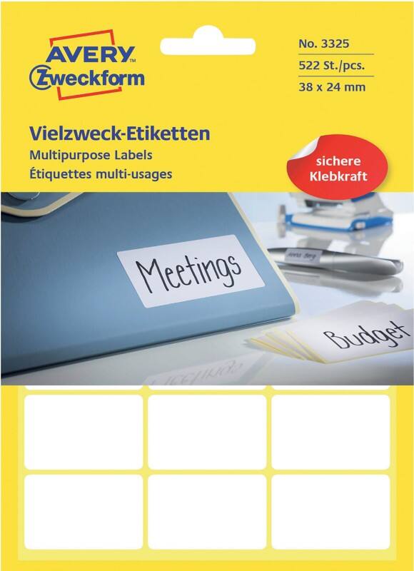 Avery Etiketten 3325 Klevend Wit 38 x 24 mm 29 Vellen à 18 Etiketten
