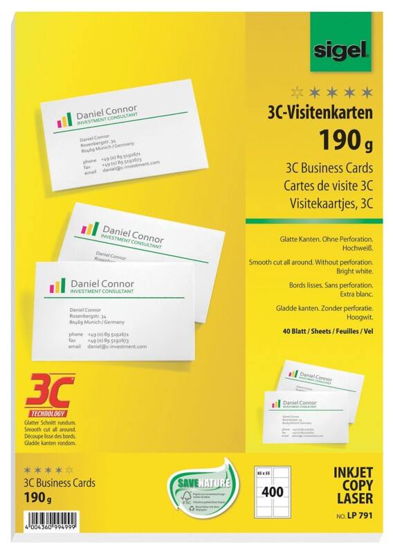 Sigel visitekaartjes 190 g/mâ² wit 40 vellen ã  10 stuks