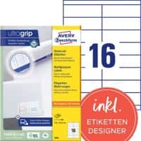 Avery Ultragrip Laser Etiketten 3665 Klevend A4 Wit 105 x 33,8 mm 100 Vellen à 16 Etiketten