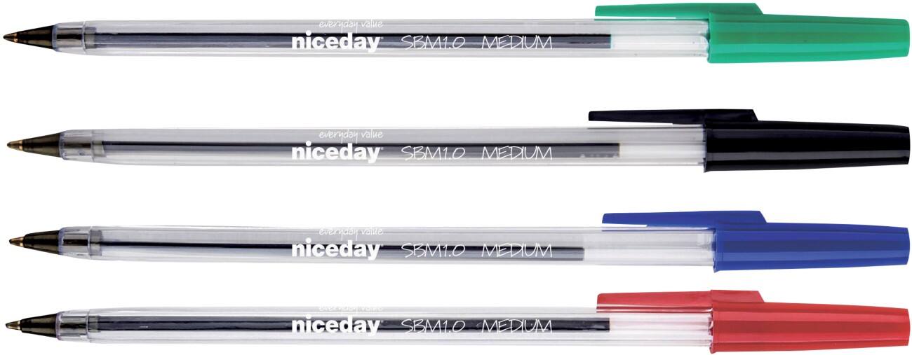 Niceday SBM1.0 Balpen Zwart, blauw, rood, groen Met dop 10 Pennen
