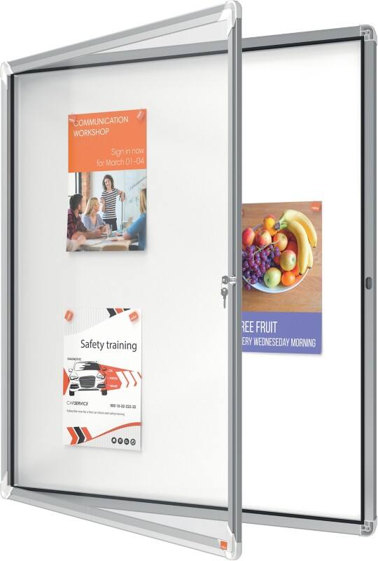 Nobo Premium Plus magnetische afsluitbare weerbestendige buitenvitrine 1902581 wandmontage aluminium frame scharnierdeur van veiligheidsglas 12xA4 wit 924 x 970 mm