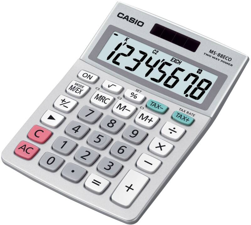 Casio Bureaurekenmachine 8 -cijferige display Zilver Batterij, Zonne-energie MS-88ECO