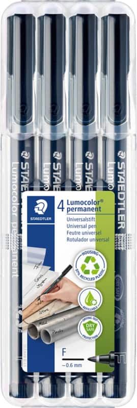 STAEDTLER Lumocolor Universal F Permanentmarker 97% Gerecycled Fijn Ronde punt 0,6 mm Zwart Navulbaar 4 Stuks