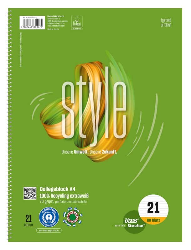 Ursus Green Schrijfblok A4 Gelinieerd Spiraal gebonden Papier Wit Geperforeerd 160 Pagina's 80 Vellen