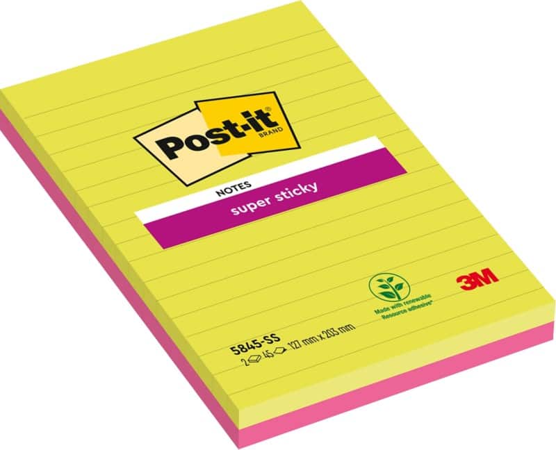 Post-it Super Sticky Notes 203 x 127 mm Kleurenassortiment Rechthoekig Gelinieerd 2 Stuks à 45 Vellen