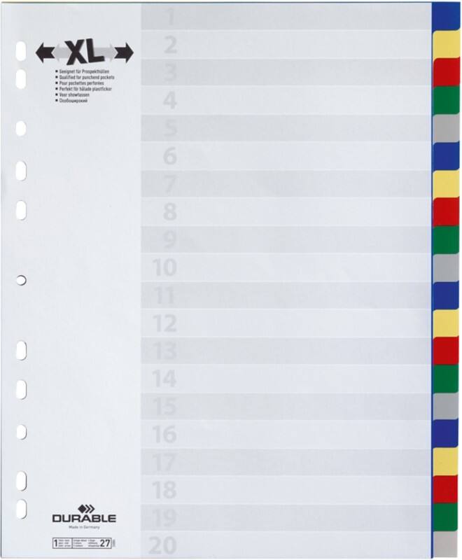 DURABLE Blanco tabbladen A4+ Kleurenassortiment 20 tabs PP (Polypropeen) 11 Gaten 6759-27