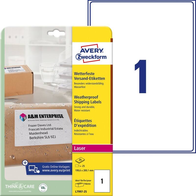 Avery Weerbestendige labels L7997-25 Klevend A4 Wit 199,6 x 289,1 mm 25 Vellen à 1 Etiket
