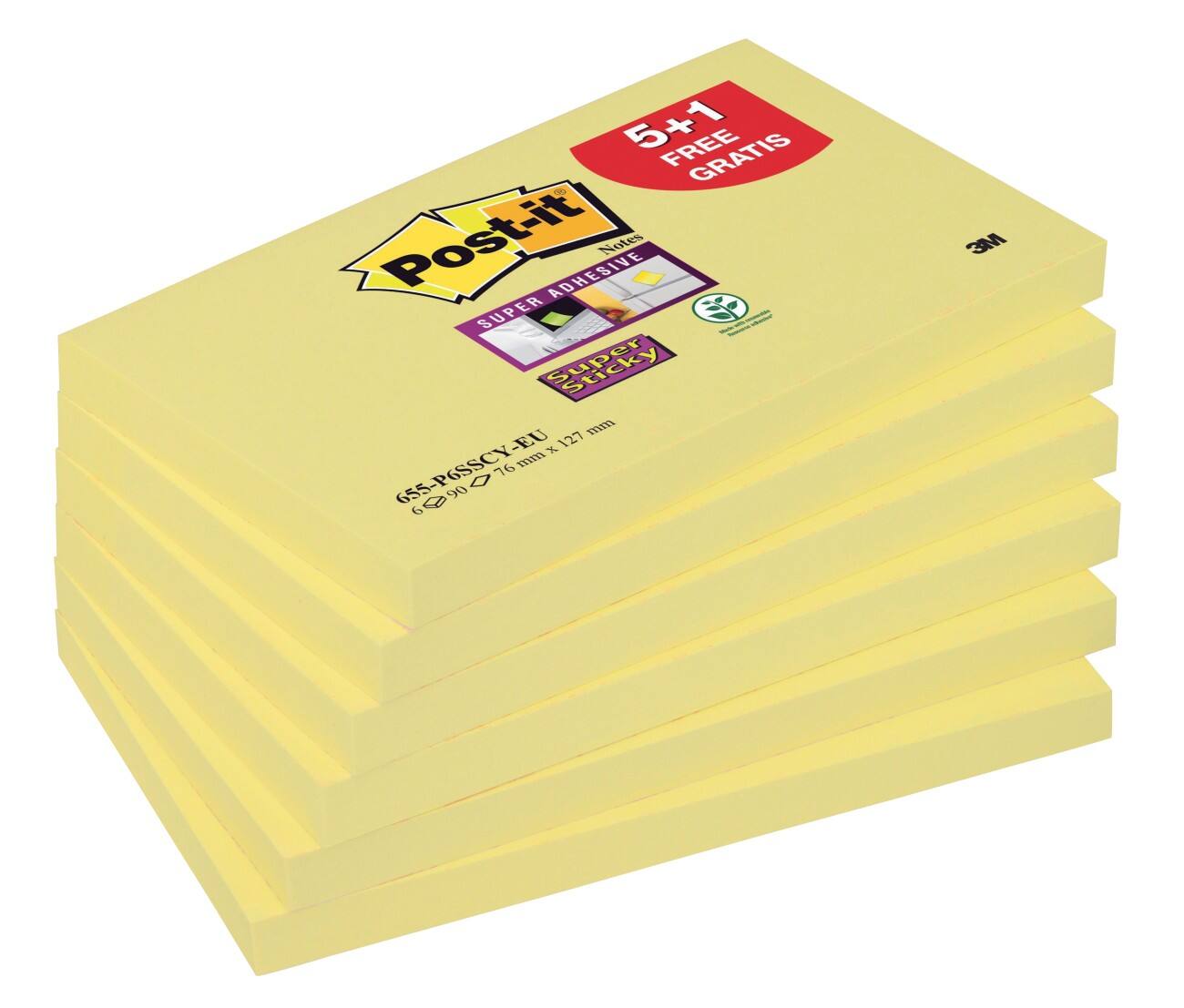 Post-it Super Sticky Notes 127 x 76 mm Canary Yellow Geel 90 Vellen Voordeelpak 5 + 1 GRATIS
