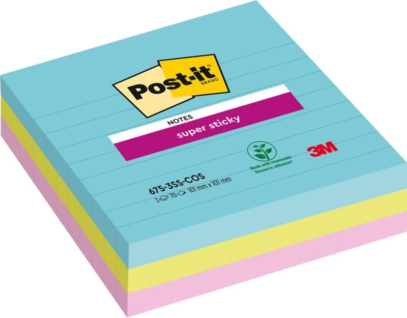 Post-it Miami Super Sticky Notes 101 x 101 mm Kleurenassortiment Vierkant Gelinieerd 3 Stuks à 70 Vellen