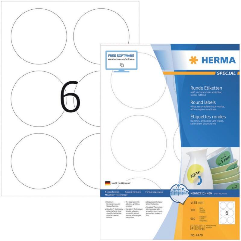 HERMA Etiketten 4478 4478 Klevend  85 x 85 mm  100 Vellen à 6 Etiketten