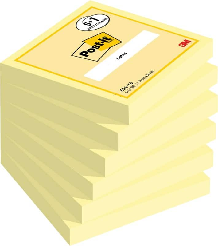 Post-it Zelfklevende memoblaadjes 76 x 76 mm Kanariegeel 100 Vellen Voordeelpak 5 + 1 GRATIS