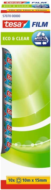 tesa Plakband tesafilm Eco & Clear 57070 Transparant 15 mm (B) x 10 m (L) PP (Polypropeen) 100% Gerecycled 10 Rollen