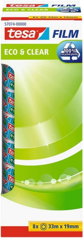 tesa Plakband tesafilm 57074 Transparant 19 mm (B) x 33 m (L) PP (Polypropeen) 100% Gerecycled 8 Rollen