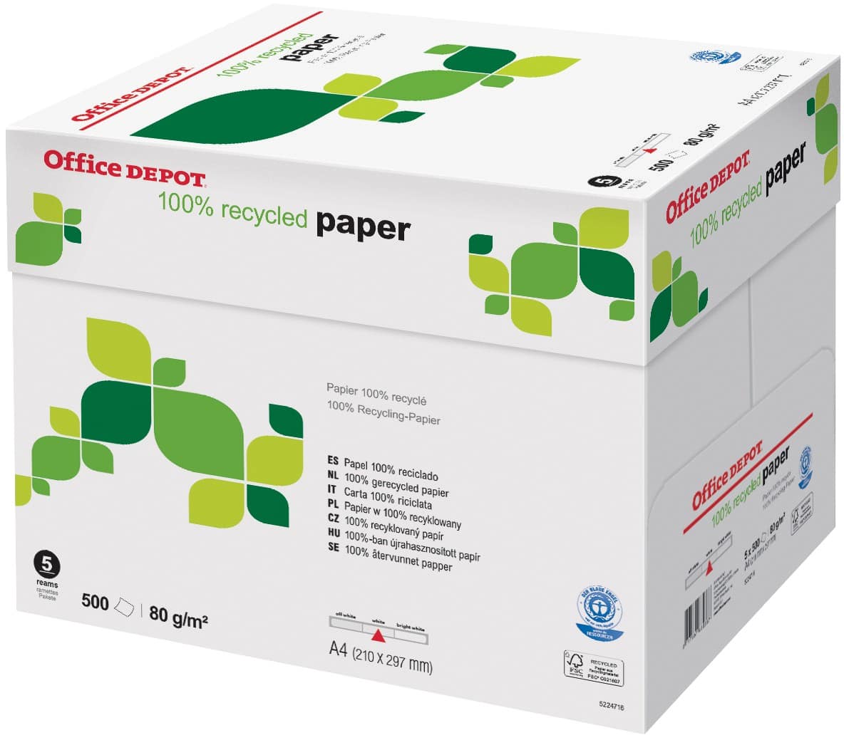 Office Depot 100% Recycled print-/ kopieerpapier A4 80 gram Wit 85 CIE Doos van 5 pakken à 500 vellen