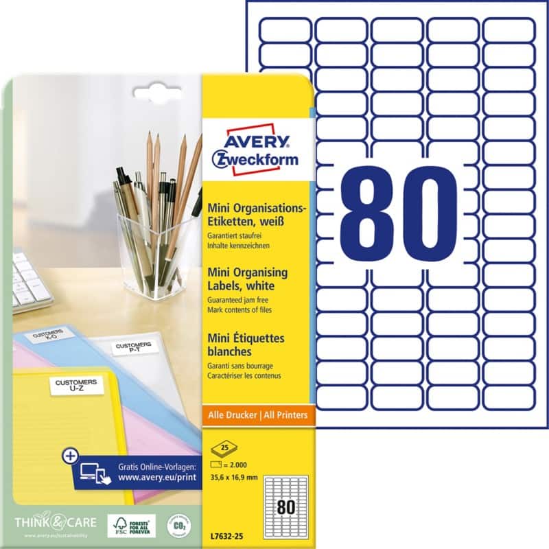 Avery Laser Etiketten L7632-25 Klevend A4 Wit 35,6 x 16,9 mm 25 Vellen à 80 Etiketten