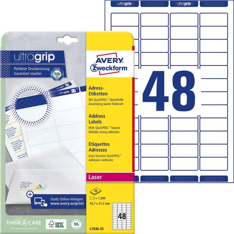 Avery Ultragrip Etiketten L7636-25 Klevend A4 Wit 45,7 x 21,2 mm 25 Vellen à 48 Etiketten