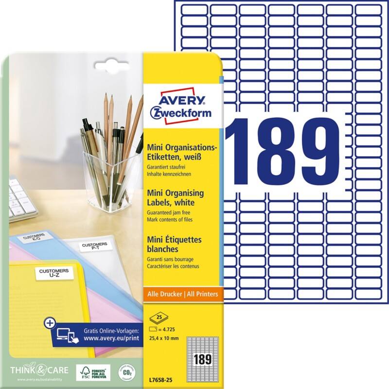 Avery Laser Etiketten L7658-25 Klevend A4 Wit 25,4 x 10 mm 25 Vellen à 189 Etiketten