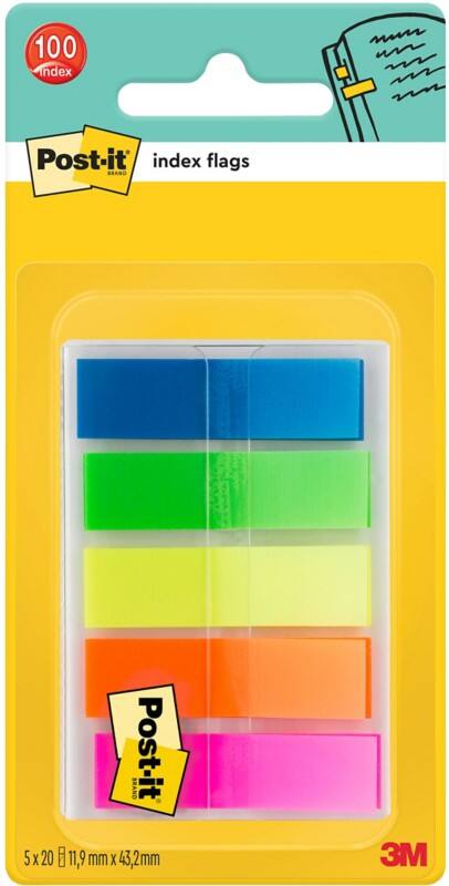 Post-it Indexen Rechthoekig 1,19 x 4,32 cm Blanco Kleurenassortiment 683HF5 20 5 Stuks à 20 Strips