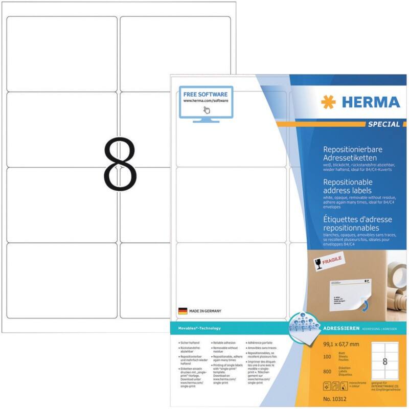 HERMA Etiketten 10312 Klevend A4 Wit 99,1 x 67,7 mm  100 Vellen à 8 Etiketten