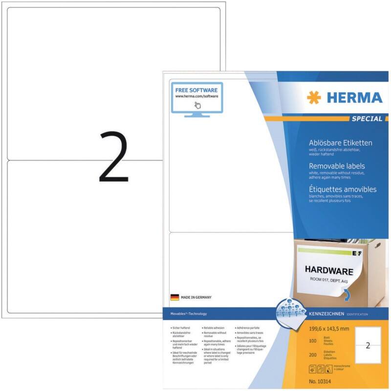 HERMA Etiketten 10314 Klevend A4 Wit 199,6 x 143,5 mm  100 Vellen à 2 Etiketten
