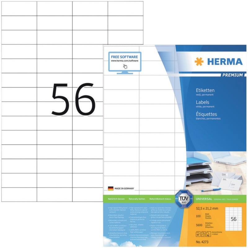 HERMA Etiketten 4273 Klevend A4 Wit 52,5 x 21,2 mm  100 Vellen à 56 Etiketten
