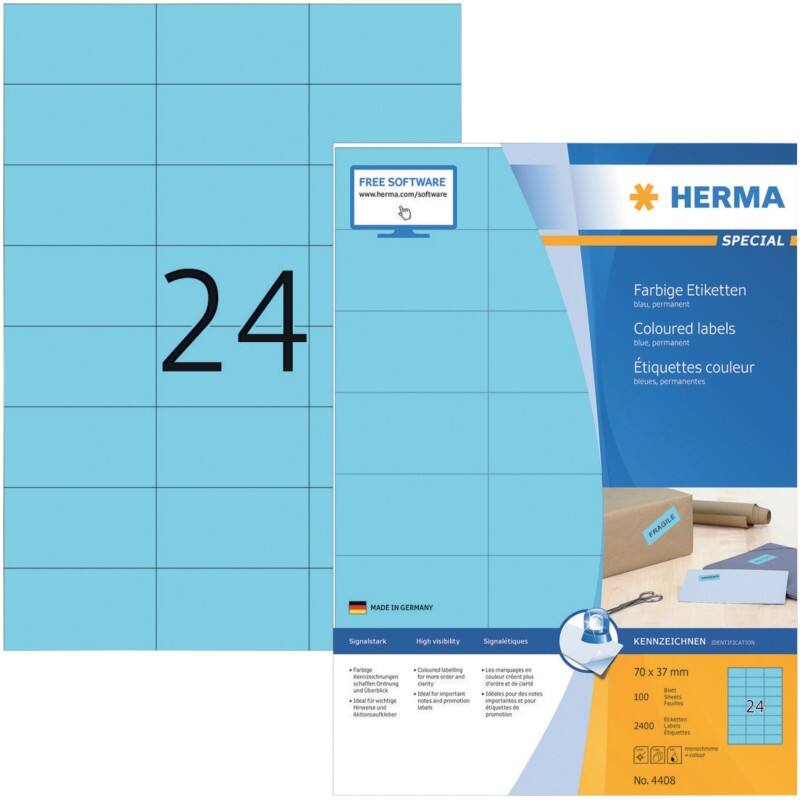 HERMA Etiketten 4408 Klevend A4 Blauw 70 x 37 mm  100 Vellen à 24 Etiketten