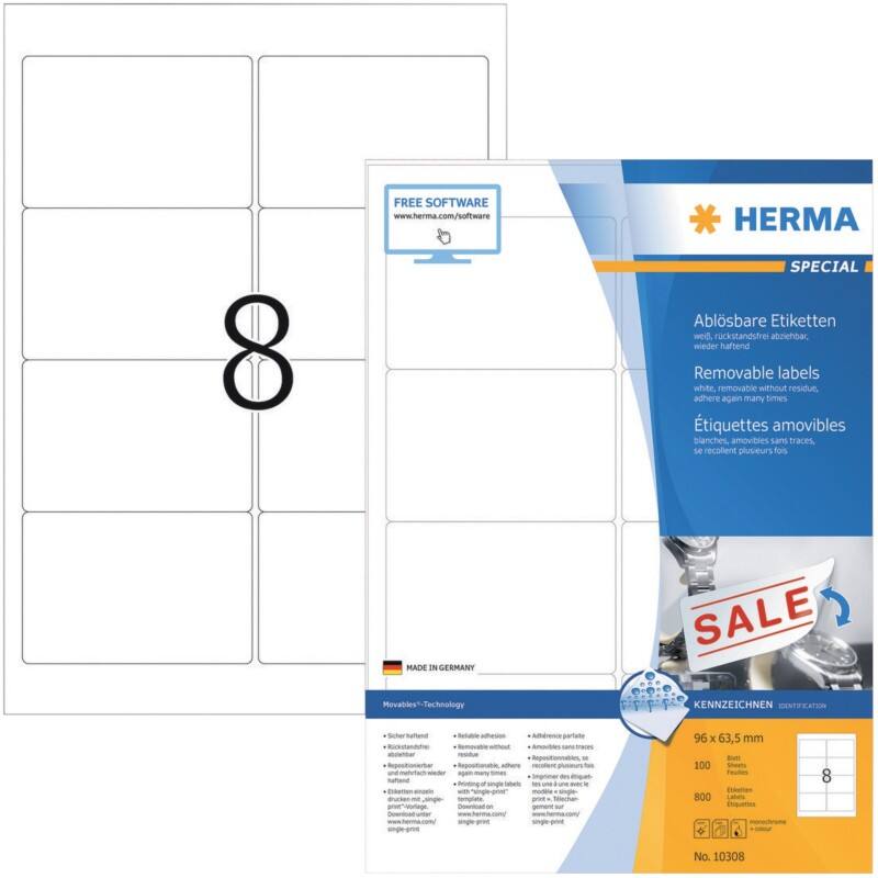 HERMA Etiketten 10308 Klevend A4 Wit 96 x 63,5 mm  100 Vellen à 8 Etiketten