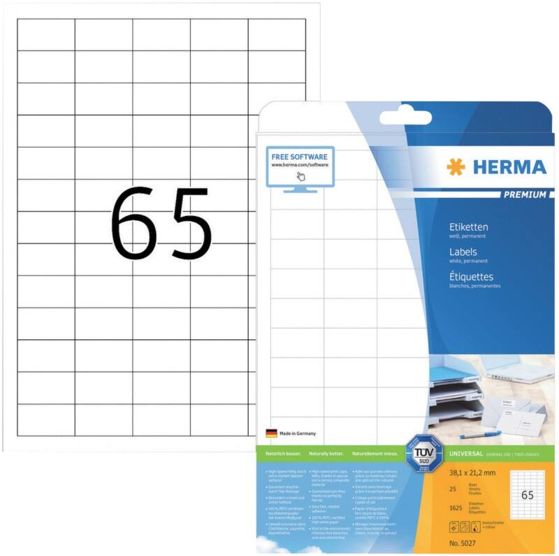 HERMA Etiketten 5027 Klevend A4 Wit 38,1 x 21,2 mm  25 Vellen à 65 Etiketten