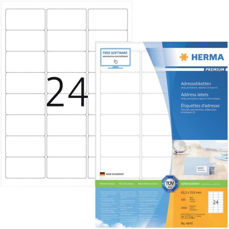 HERMA Adresetiketten 4645 Ja A4 Wit 63,5 x 33,9 mm 100 Vellen à 24 Etiketten