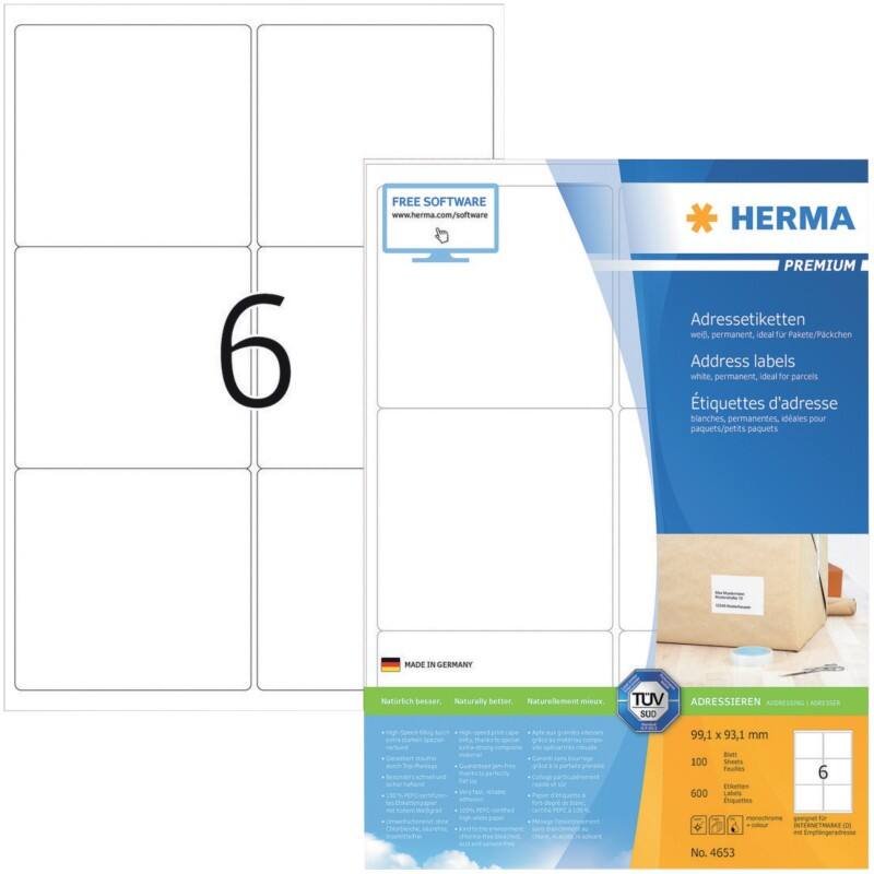 HERMA Etiketten 4653 Klevend A4 Wit 99,1 x 93,1 mm  100 Vellen à 6 Etiketten
