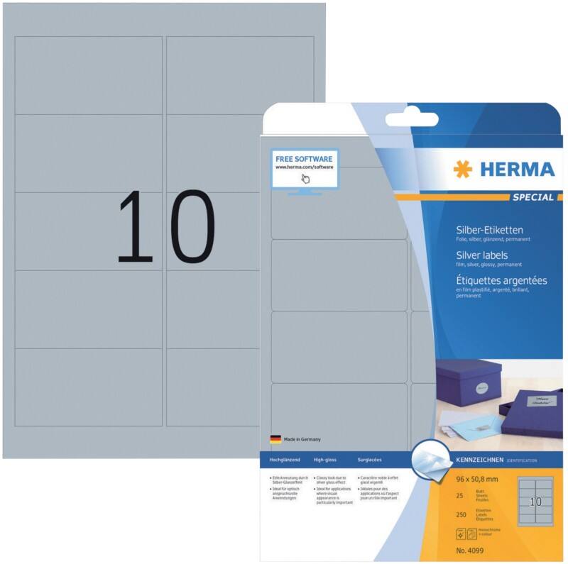 HERMA Etiketten 4099 Klevend A4 Zilver 96 x 50,8 mm  25 Vellen à 10 Etiketten