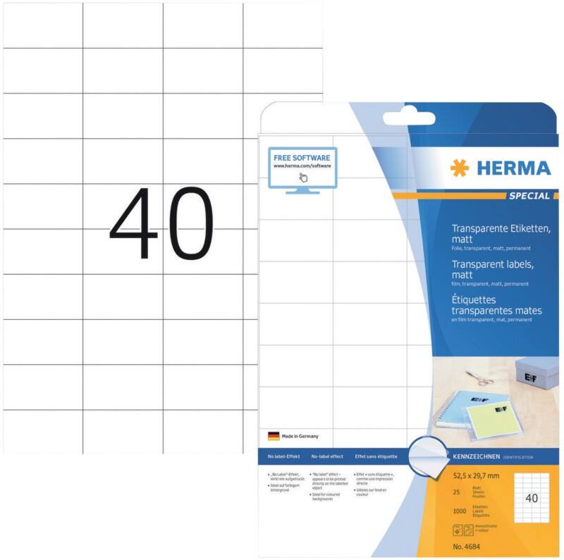HERMA Etiketten 4684 Klevend A4 Transparant 52,5 x 29,7 mm  25 Vellen à 40 Etiketten