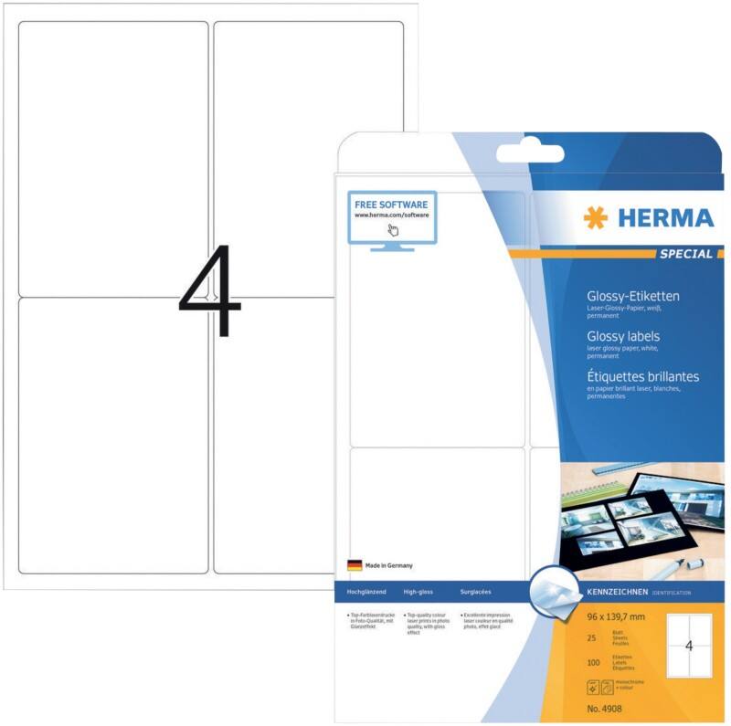 HERMA Etiketten 4908 Klevend A4 Wit 96 x 139,7 mm  25 Vellen à 4 Etiketten