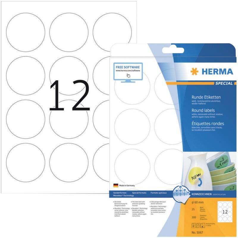 HERMA Etiketten 5067 Klevend A4 Wit 60 x 60 mm  25 Vellen à 12 Etiketten