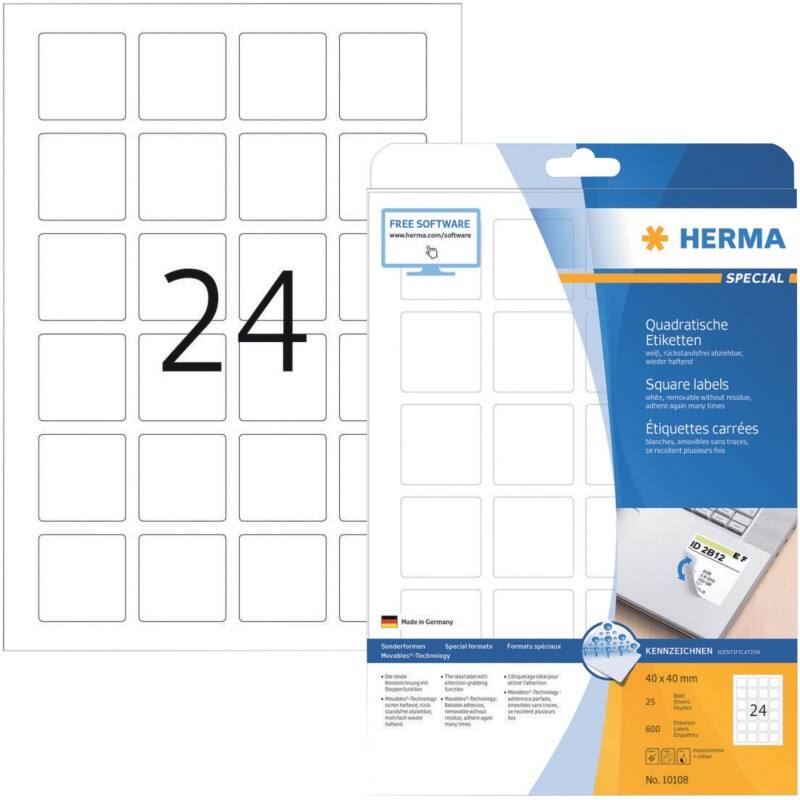 HERMA Etiketten 10108 Klevend A4 Wit 40 x 40 mm  25 Vellen à 24 Etiketten