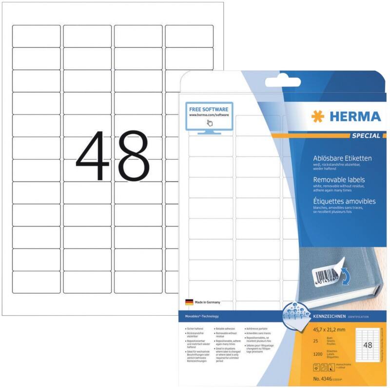 HERMA Etiketten 4346 Klevend A4 Wit 45,7 x 21,2 mm  25 Vellen à 48 Etiketten