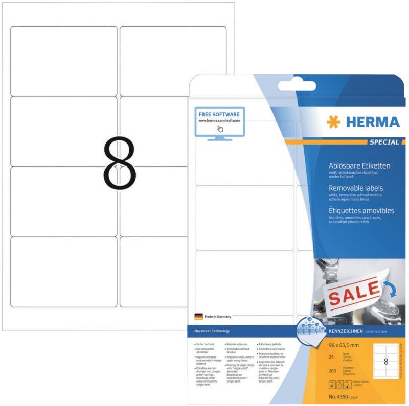 HERMA Etiketten 4350 Klevend A4 Wit 96 x 63,5 mm  25 Vellen à 8 Etiketten