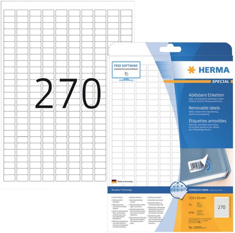 HERMA Etiketten 10000 Klevend A4 Wit 17,8 x 10 mm  25 Vellen à 270 Etiketten