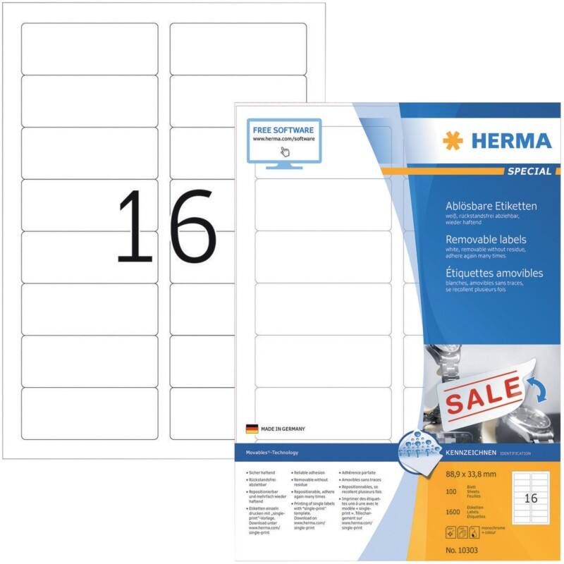HERMA Etiketten 10303 Klevend A4 Wit 88,9 x 33,8 mm  100 Vellen à 16 Etiketten