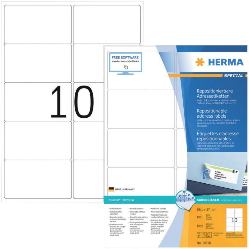HERMA Etiketten 10316 Klevend A4 Wit 99,1 x 57 mm  100 Vellen à 10 Etiketten