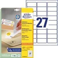 Avery L4737REV-25 Verwijderbare etiketten A4 Wit 63,5 x 29,6 mm 30 Vellen à 27 Etiketten