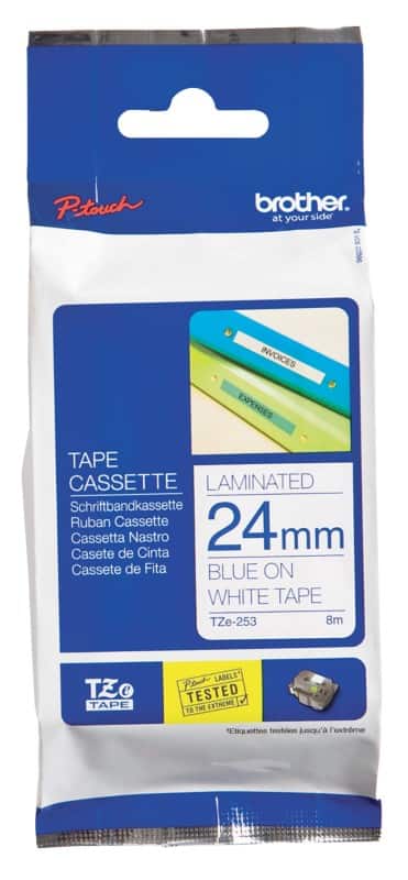 Brother TZe-253 Authentiek Labeltape Zelfklevend Blauw op wit 24 mm x 8m