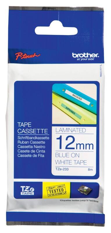 Brother TZe-233 Authentiek Labeltape Zelfklevend Blauw op wit 12 mm x 8m
