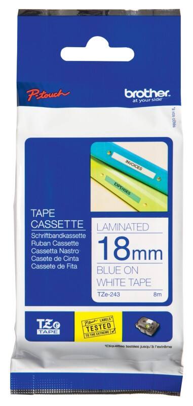 Brother TZe-243 Authentiek Labeltape Zelfklevend Blauw op wit 18 mm x 8m