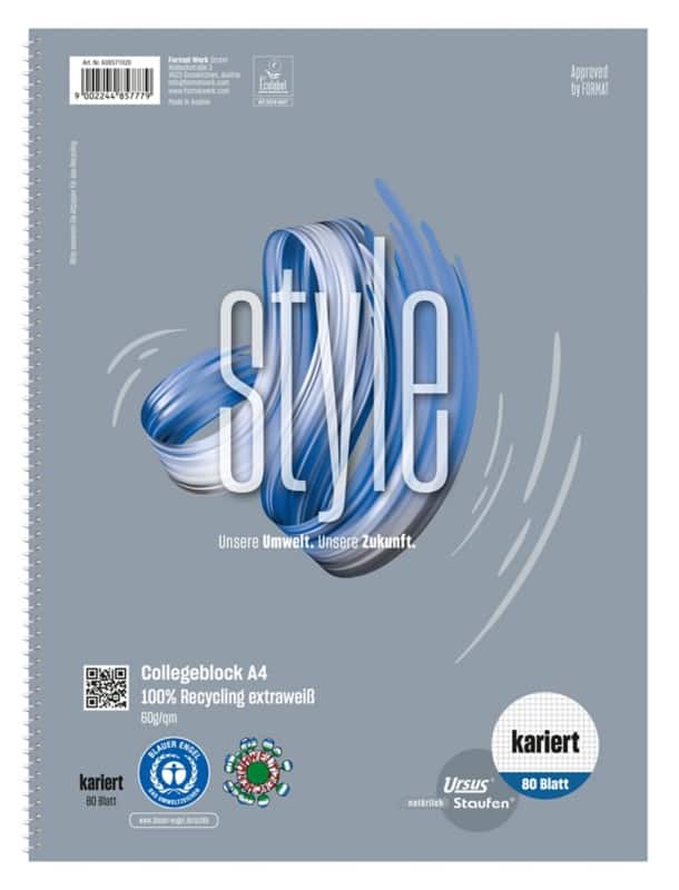 Ursus Green Schrijfblok A4 Geruit Spiraalbinding Papier Wit Geperforeerd 160 Pagina's