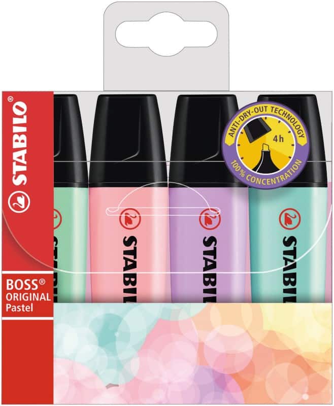 STABILO BOSS ORIGINAL Tekstmarker Multikleur Breed Beitelpunt 2 - 5 mm Navulbaar 4 Stuks