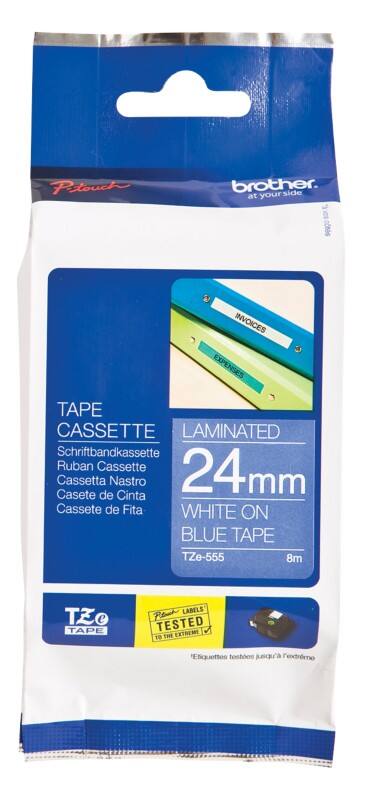 Brother TZe-555 Authentiek Labeltape Zelfklevend Wit op blauw 24 mm x 8m