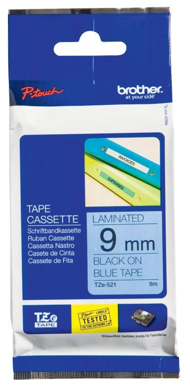 Brother TZe-521 Authentiek Labeltape Zelfklevend Zwart op blauw 9 mm x 8m