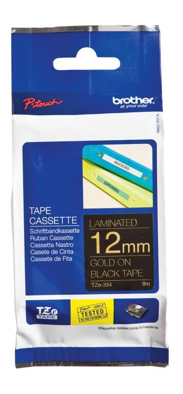 Brother TZe-334 Authentiek Labeltape Zelfklevend Goud op zwart 12 mm x 8m